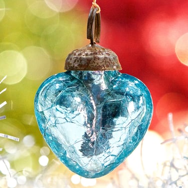VINTAGE: 5pcs - Small Thick Mercury Crackled Glass Heart Ornaments - Heavy Weight Kugel Style Ornaments - Heart Pendants 