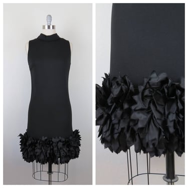 Vintage 1960s cocktail dress, rosettes, lbd, party, semi formal, vamp, bodycon 