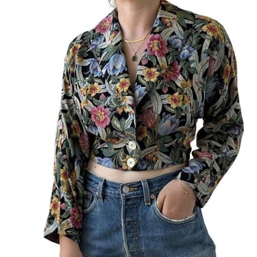 Vintage 1980s Womens Floral Cottagecore Cropped Hippie Blazer Blouse Sz M 