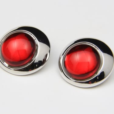 Vintage Signed Alexis Kirk Cherry Red Lucite & Silver Tone Clip Earrings Circle 
