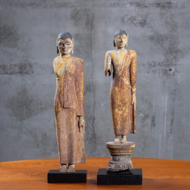 PAIR OF SIAMESE CARVED STANDING BUDDHAS