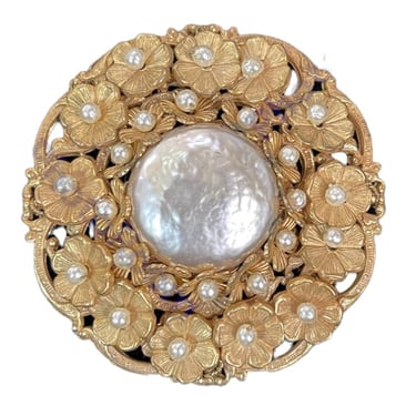 Miriam Haskell 60s Circular Gold Tone Brooch with Baroque Pearls