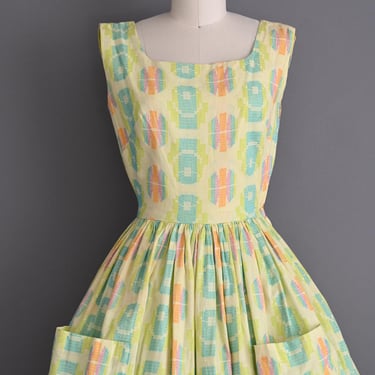 Vintage 1950s Dress | Lime Green Soft Textured Summer Full Skirt Day Dress | XS 