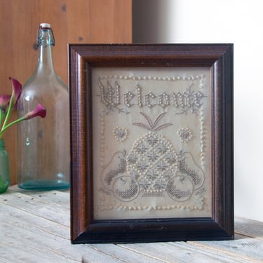 Vintage Welcome needlepoint sampler / vintage embroidered sampler / antique framed embroidery / farmhouse decor / white on white embroidery 