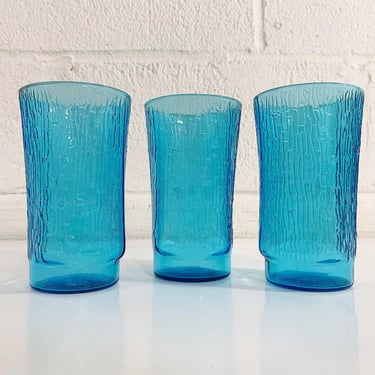 Vintage Aqua Blue Glasses Teal Small Glass Mid-Century Glassware Set of 3 Bamboo Textured Pattern 1960s Dopamine Decor 