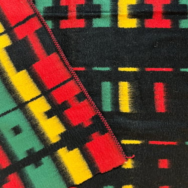 Vintage Colorful Wool Throw Blanket, Double Sided, Black Yellow Green Red, 76x60 