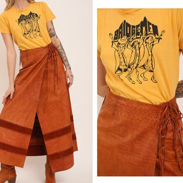 Vintage 1960s 60s CHAR Leather Suede High Waisted Tan Wrap Around Maxi Skirt // Whipstitch Tie Bohemian Hippy Woodstock Era 