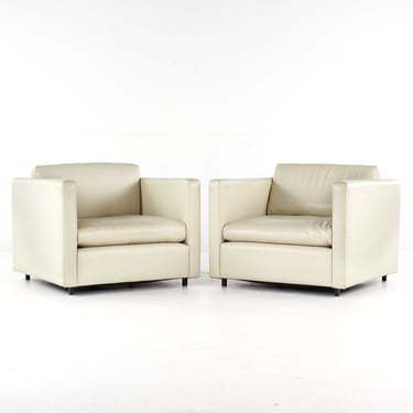 Charles Pfister for Knoll Mid Century White Leather Lounge Chairs - Pair - mcm 