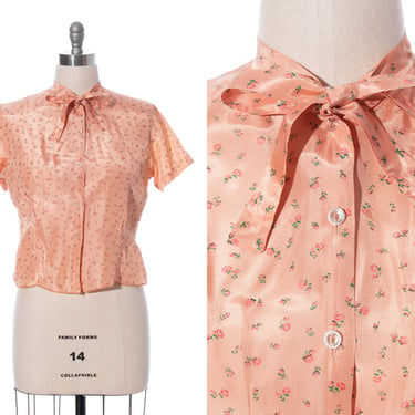 Vintage 1950s Blouse | 50s Pink Rose Floral Printed Rayon Pussy Bow Short Sleeve Volup Top (large/x-large) 