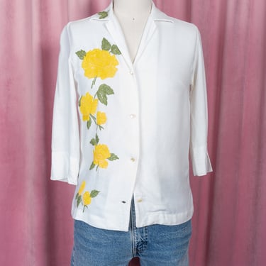Beautiful 1950s Lady Manhattan White Button Down with Embroidered Yellow Rose Design 