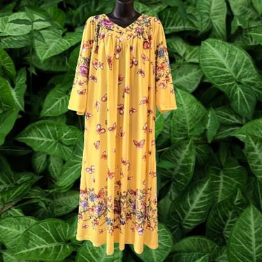 butterfly muumuu gown 1970s yellow botanical flower print maxi lounge dress 1X 