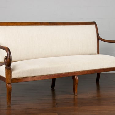 19th Century French Louis Philippe Walnut Settee Upholstered W/ Off-White Belgian Linen 