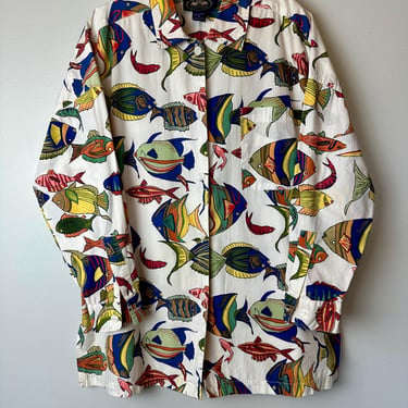 1980’s Big Fish shirt~ button up colorful 100% vintage cotton novelty print shirts~ boxy oversized long sleeves ~80’s 90’s trends/ Med-LG 