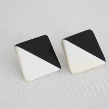 Vintage Black and Cream Square Pierced Earrings 