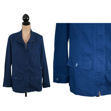 90s Chore Jacket Zip Up Dark Blue Cotton Navy Barn Coat Drawstring Waist Flap Pockets Casual Clothes 1990s Vintage Coldwater Creek Size M-L 
