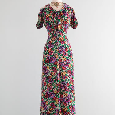 Gorgeous 1930's Silk Floral Print Bias Cut Gown By Jean Carol / SM