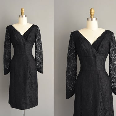 1950s vintage Classic Black Lace Long Sleeve Pencil Skirt Dress | Small 
