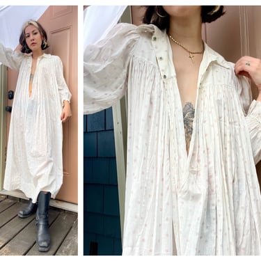 Antique Cotton Dress / 1910's Cotton Workwear Tunic / Purple Ghost Polka Dot Print / Original Workwear Dress / Teens Antique / Collar Dress 