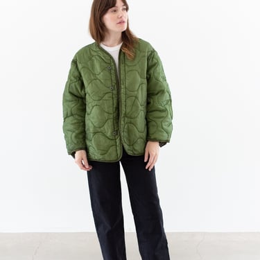 Vintage Green Liner Jacket | Unisex Wavy Quilted Nylon Coat | XL | LI190 