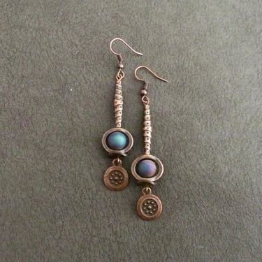 Hammered copper earrings, gypsy earrings, rainbow druzy agate earrings, boho bohemian hippie earrings, statement unique southwest multicolor 