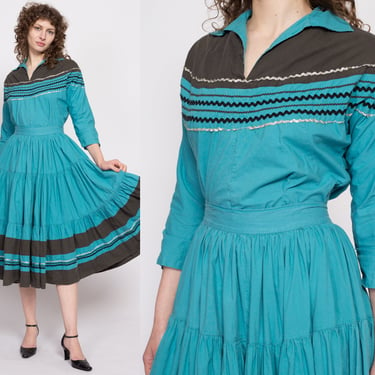 Medium 1950s Turquoise Southwestern Patio Skirt Set | Vintage Metallic Trim Rockabilly Fiesta Dress Matching Set 