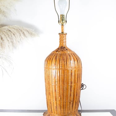 Vintage Tall Woven Rattan Lamp, Table Lamp, Wicker Boho Brown Lamp, Home Decor 