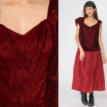 Velvet Party Dress 80s Red Midi Dress Bow Low Waist Cap Sleeve Gown Cocktail Prom Sweetheart Neckline Vintage 1980s Extra Large xl 