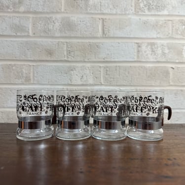 Vintage Mid-Century Glass Coffee Mugs Set with Unique Handles, Multilingual "Coffee" Design 