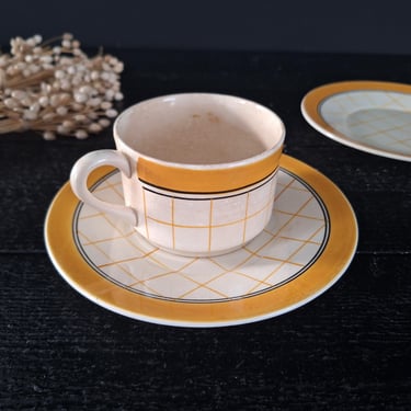Rare Gien France Cup and 2 Saucers, Yellow Checkered Vintage French Cup Hand-Painted 1930s, Café au Lait Bowl Style 