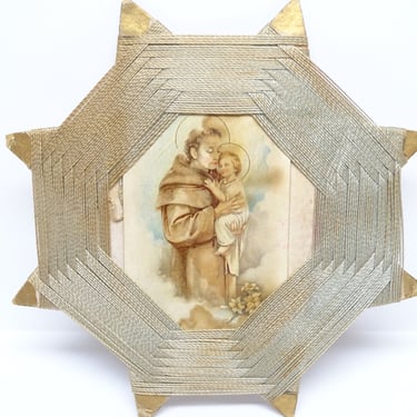 Antique Thread Folk Art Frame with Points,  Religious Holy Card, Saint Anthony of Padua holding Baby Jesus 