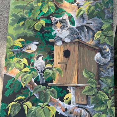 Vintage kitsch painting cat in tree theme paint by number style size 16” x 20” 