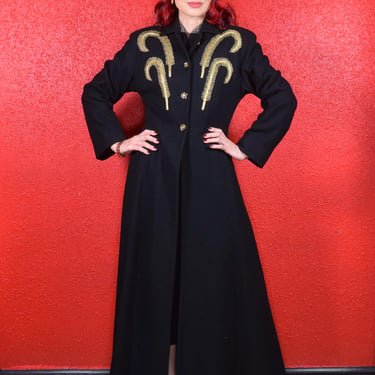 1930s Black Wool Feather Soutache Coat 