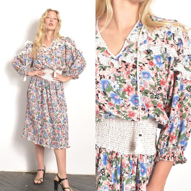 Vintage 1980s Dress / 80s Diane Freis Floral Polka Dot Dress / Pink Blue White ( S M L ) 