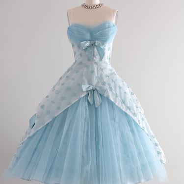 Vintage 1950's Cinderella Baby Blue Tulle Strapless Prom Dress / XS