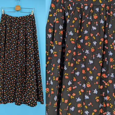 Vintage Seventies Small Black Calico Floral Print Ankle Length Skirt - 70s Small Handmade Skirt with Metal Zipper 