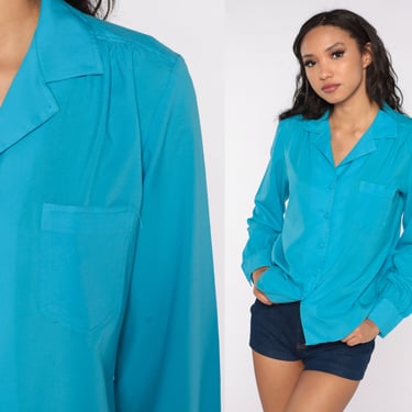 Turquoise BUTTON UP Shirt 80s Blouse Vintage 80s Plain Bright Blue Top Simple Collared Shirt 1980s Retro Long Sleeve Medium 