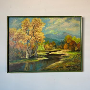 70's E. McDermitt Impressionist Autumn River Landscape Oil Painting, Framed 