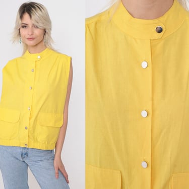 80s Utility Tank Top Bright Yellow Button Up Vest 1980s Vintage Cargo Pocket Asymmetrical Banded Collar Plain Basic Top Layering Medium M 