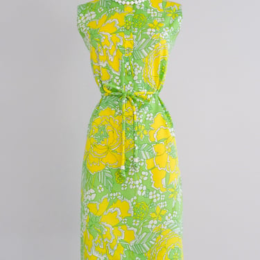Vibrant 1960's Lemon Lime Floral Shift Dress / Sz M