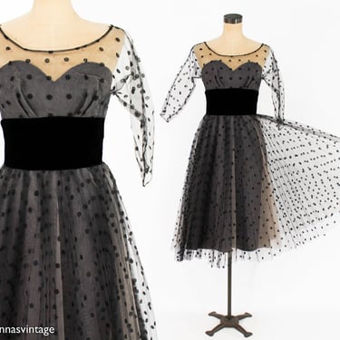 1950s Black Polka Dot Party Dress | 50s Black Tulle Cocktail Dress | Old Hollywood | X Small 