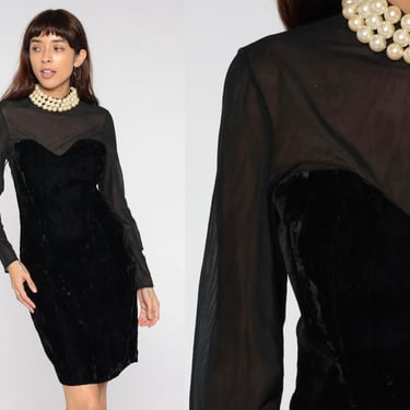 Velvet Party Dress 80s Black Pearl Beaded Dress Illusion Neckline Sheer Sleeve Formal Gothic Sheath Cocktail Sweetheart 90s Medium 8 