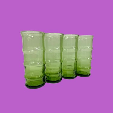 Vintage Tiki Highballs Retro 1970s Mid Century Modern + Clear + Avocado Green + Ribbed + Set of 4 + Bamboo Shape + Drinking Glasses + MCM 