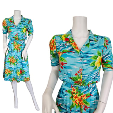 1980's Turquoise Blue Hawaiian Rayon Floral Print Dress I Sz Sm I Laine 