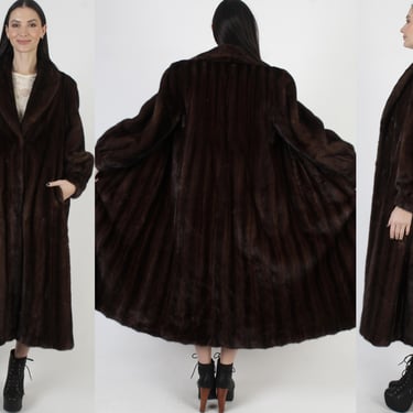 Full Length Brown Mink Coat, Mahogany Shawl Collar Maxi, Vintage Real Fur Wedding Overcoat 