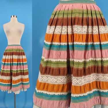 70s Colorful Stripe and Lace Full Pleated Cotton Skirt - Seventies High Waisted Mid Length Skirt 