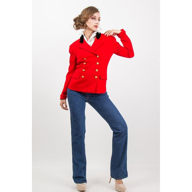 Vintage Ralph Lauren / 1970s Red wool equestrian riding jacket velvet lapels / S 
