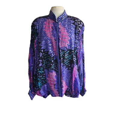 Vintage 80s Purple Sequined Jacket Bat Wing Sleeve Judith Ann Plus 