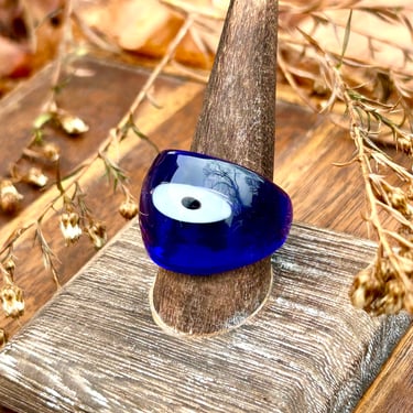 Handblown Glass Evil Eye Statement Ring Dome Shape Cobalt Navy Dark Blue & White Retro Gift Good Luck 