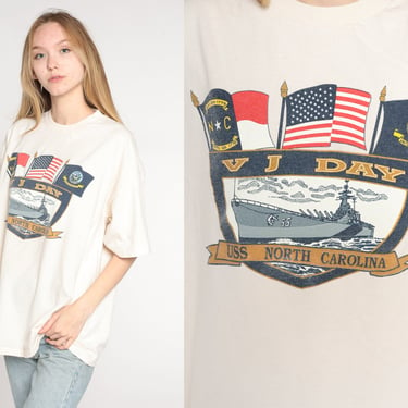 V J Day T Shirt 90s USS North Carolina Shirt Veteran Shirt US Navy Ship Victory over Japan Day Graphic T-Shirt Vintage White Extra Large xl 