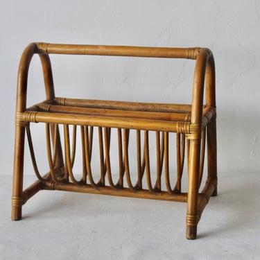 Mid-Century French Bentwood Style Bamboo Rattan Magazine Book Newspaper Rack 